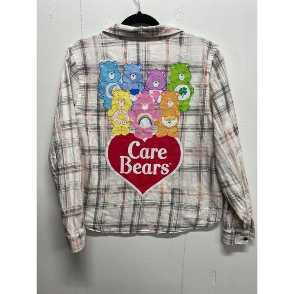 Care Bears Tops - Care Bears Womens Size Medium White Bleach Dyed Flannel Back Graphic 90s Retro